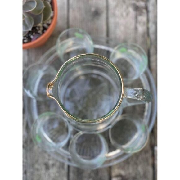Vintage Handblown Glass Serving Set Jug & 6 Glass Hand Painted with Tray Gold Ri - Picture 7 of 10